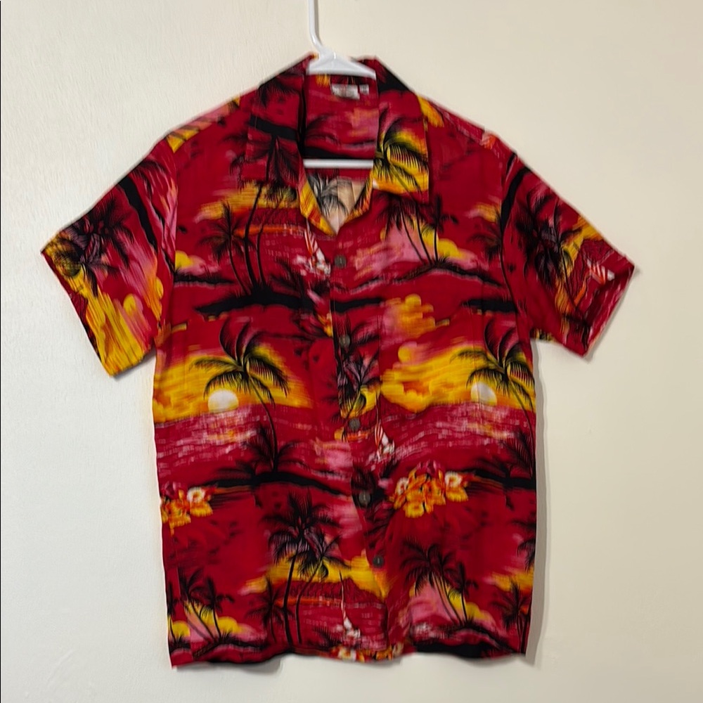 Red and Yellow Hawaiian medium button Down Shirt Bold Pattern. Made in Bali